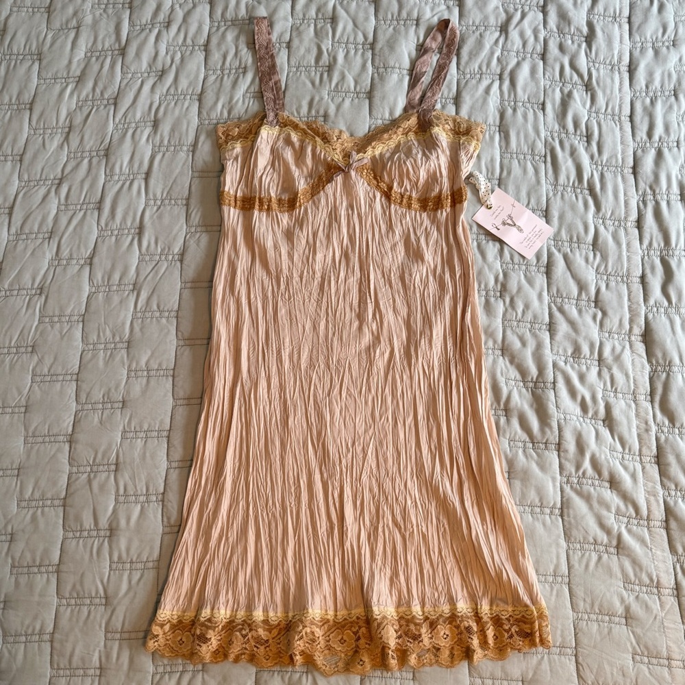 Anthropologie Cream and Gold Silk & Lace Chemise